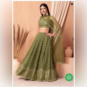 Fern Green Zari Embroidered Lehenga Set With Sequin Embroidered Blouse & Dupatta